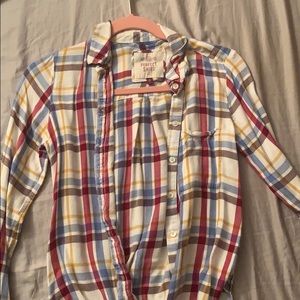 red, white, blue, yellow flannel